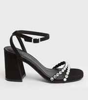 New Look Black Suedette Diamante Embellished 2 Part Block Heel Sandals